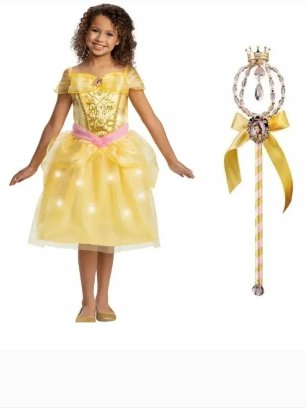 Princess Belle Light Up Halloween Costume 7/8 Yellow Dress Wand Girls Disney